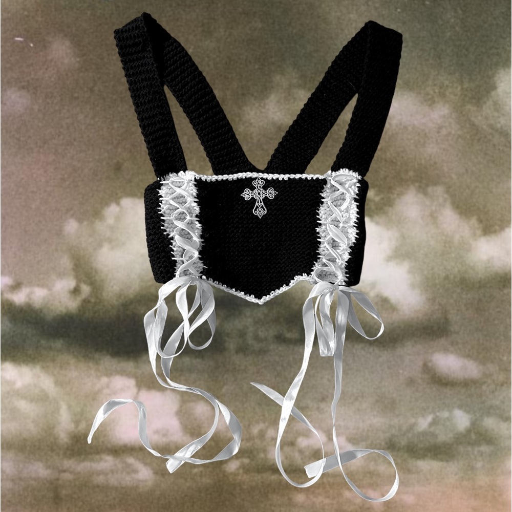 Goth Crotchet Corset Vest Black and White Cross Detail Vampire